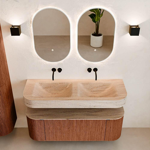 MONDIAZ THOR-DLUX 130cm meuble de salle de bains arrondi gauche + droite couleur Ruby avec 1 tiroir et 2 portes. Vasque suspendue CLOUD Double sans trou de robinet couleur Saba. SW1464073