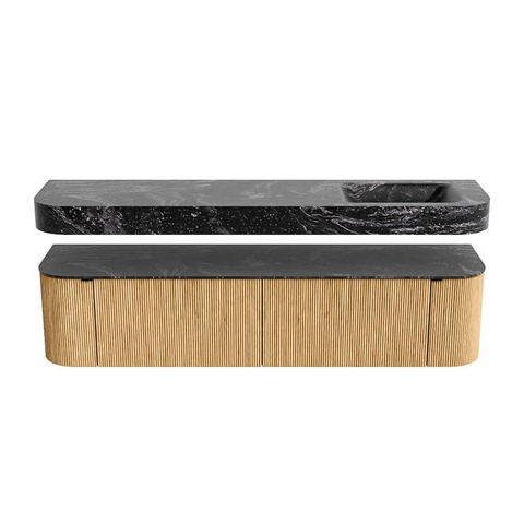 MONDIAZ THOR-DLUX Meuble de salle de bains 190cm arrondi gauche + droite couleur Oak avec 2 tiroirs et 2 portes. Vasque suspendue CLOUD Droite sans trou de robinet couleur Lava. SW1466364