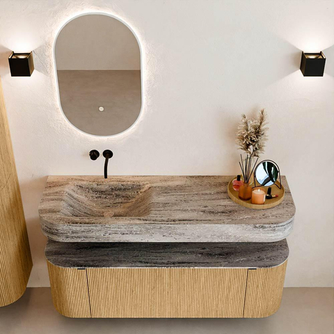 MONDIAZ THOR-DLUX 140cm meuble de salle de bains arrondi gauche + droite couleur Oak avec 1 tiroir et 2 portes. Vasque suspendue CLOUD Gauche sans trou de robinet couleur Oza. SW1464244
