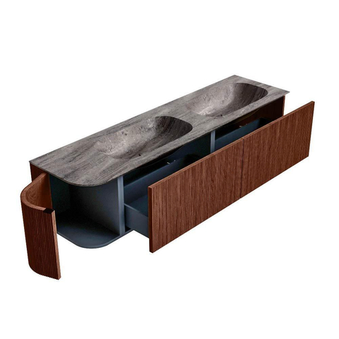 MONDIAZ KURVE-DLUX 175cm meuble de salle de bains arrondi à gauche couleur Ruby avec 2 tiroirs et 1 porte. Lavabo STOR SMALL Double / à droite 2 trous de robinet Oza. SW1432847