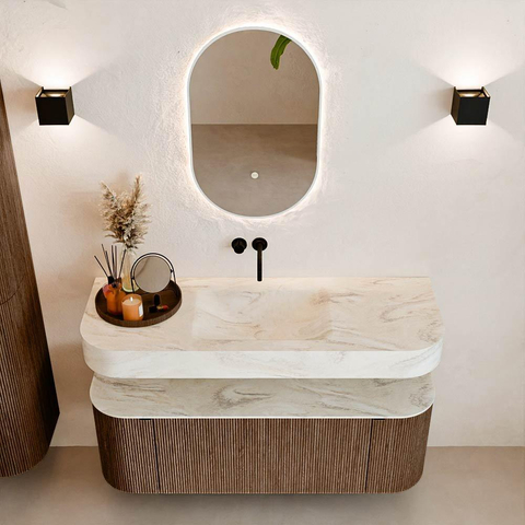 MONDIAZ THOR-DLUX 130cm meuble de salle de bains arrondi gauche + droite couleur Walnut avec 1 tiroir et 2 portes. Vasque suspendue CLOUD Milieu sans trou de robinet couleur Ostra. SW1463599