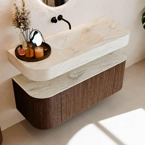 MONDIAZ THOR-DLUX 120cm badmeubel ronding links + rechts kleur Walnut met 1 lade en 2 deuren. Vrijhangende wastafel CLOUD Midden zonder kraangat kleur Ostra. SW1463217