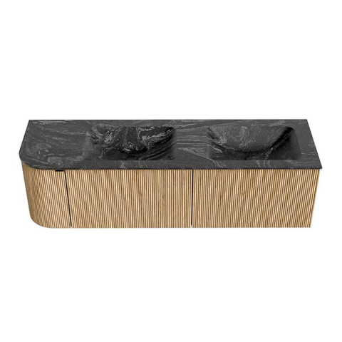 MONDIAZ KURVE-DLUX Meuble de salle de bains 155cm avec module 25 L couleur Chêne avec 2 tiroirs et 1 porte. Lavabo LEAF double / droite 2 trous de robinet couleur Lava. SW1137173