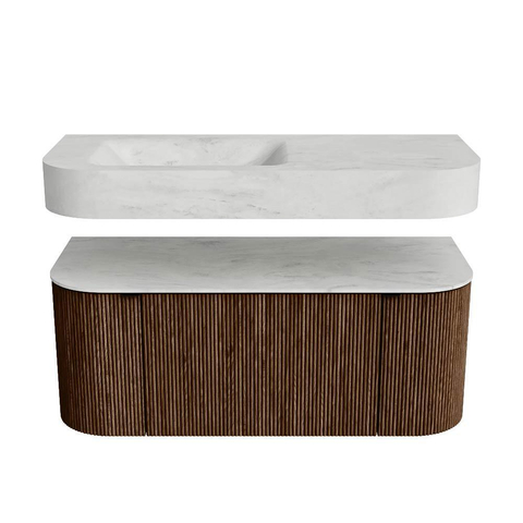 MONDIAZ THOR-DLUX Meuble de salle de bains 110cm arrondi gauche + droite couleur Walnut avec 1 tiroir et 2 portes. Vasque suspendue CLOUD Gauche sans trou de robinet couleur Opalo. SW1462752