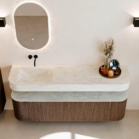 MONDIAZ THOR-DLUX Meuble de salle de bains - 170cm - arrondi gauche + droite - couleur Walnut - 1 tiroir et 2 portes - Vasque suspendue CLOUD Gauche sans trou de robinet - couleur Opalo SW1465587