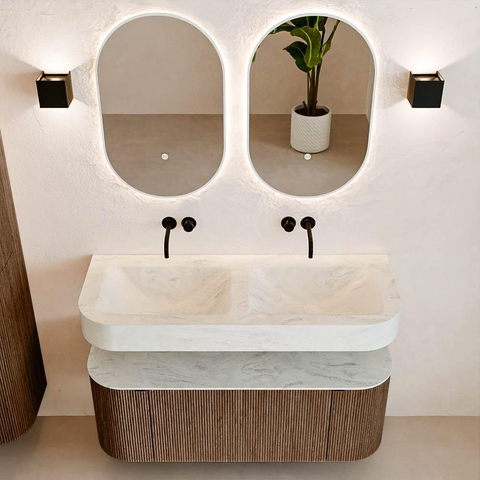 MONDIAZ THOR-DLUX 120cm badmeubel ronding links + rechts kleur Walnut met 1 lade en 2 deuren. Vrijhangende wastafel CLOUD Dubbel zonder kraangat kleur Opalo. SW1463236