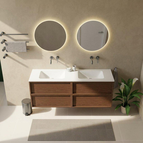 Saniclass Holz Frame Badkamermeubelset - 160x45x77.5cm - Torino solid surface wastafel wit - zonder kraangat - 4 lades - mat walnut pure (hout) SW1579929