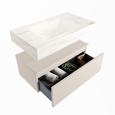 Mondiaz ALAN-DLUX Ensemble de meuble - 80cm - meuble Linen mat - 1 tiroir - Lavabo Cloud Ostra suspendu - vasque Centre - 0 trous de robinet SW807328