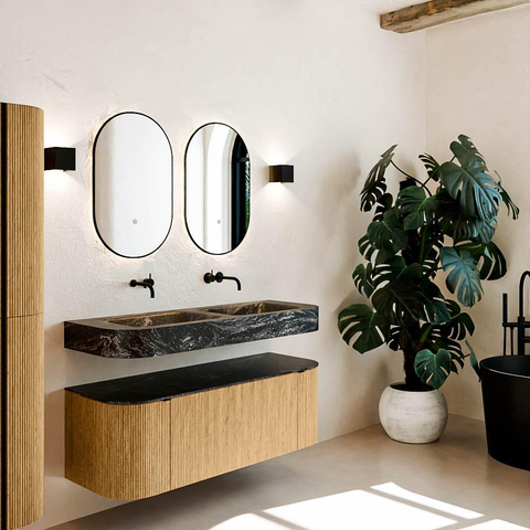 MONDIAZ THOR-DLUX 130cm badmeubel ronding links + rechts kleur Oak met 1 lade en 2 deuren. Vrijhangende wastafel CLOUD Dubbel zonder kraangat kleur Lava. SW1463544