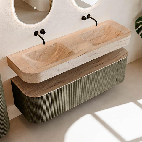 MONDIAZ THOR-DLUX 150cm meuble de salle de bains arrondi gauche + droite couleur Shadow avec 1 tiroir et 2 portes. Vasque suspendue CLOUD Double sans trou de robinet couleur Saba. SW1464906