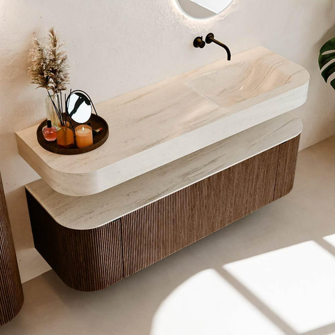 MONDIAZ THOR-DLUX 150cm meuble de salle de bains arrondi gauche + droite couleur Walnut avec 1 tiroir et 2 portes. Vasque suspendue CLOUD droite sans trou de robinet couleur Meli. SW1464775