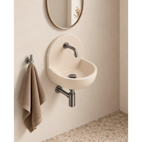 Saniclass Fuente pack lave-mains – demi-rond – 46,5 x 35 x 43,2 cm – Solid Surface crème – robinet gunmetal brossé SW1587530