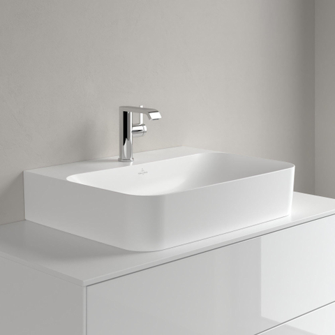 Villeroy & Boch finion wastafel onderzijde - geslepen - 1 kraangat - 60x47cm CeramicPlus - met verdekte overloop - Stone White (mat wit) SW209550