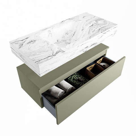 Mondiaz ALAN-DLUX Ensemble de meuble - 100cm - meuble Army mat - 1 tiroir - Lavabo Cloud Glace suspendu - vasque Centre - 0 trous de robinet SW806144