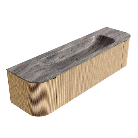 MONDIAZ KURVE-DLUX Meuble de salle de bains 170 cm arrondi gauche + droite couleur chêne avec 1 tiroir et 2 portes. Lavabo BIG LARGE Central sans trou de robinet Oza. SW1432673