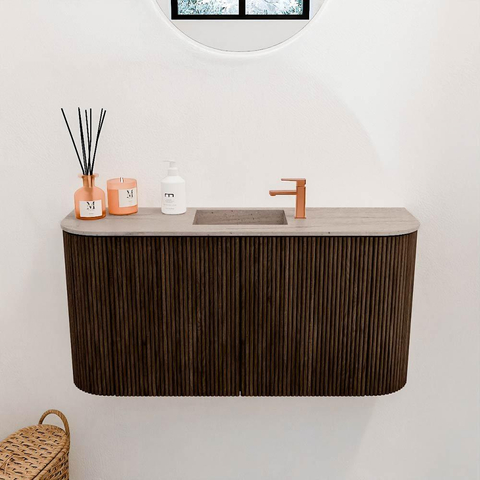 Mondiaz JOYA-DLUX 83.2cm meuble de toilette - arrondis gauche et droite couleur Noyer - Lavabo FAYE position Milieu 1 trou de robinet couleur Saba. SW1424695