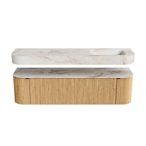 MONDIAZ THOR-DLUX Meuble de salle de bains 170cm arrondi gauche + droite couleur Oak avec 1 tiroir et 2 portes. Vasque suspendue CLOUD Droite 1 trou de robinet couleur Frappe. SW1465426