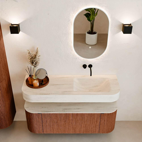 MONDIAZ THOR-DLUX Meuble de salle de bains 130cm arrondi gauche + droite couleur Ruby avec 1 tiroir et 2 portes. Vasque suspendue CLOUD Droite sans trou de robinet couleur Meli. SW1463814