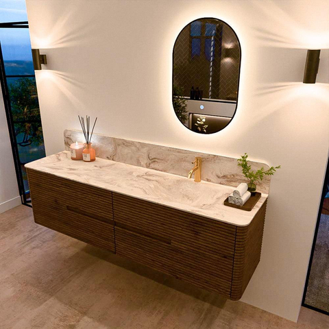 Mondiaz CIRO-DLUX Badkamermeubelset - 180x45x50cm - Solid surface wastafel Frappe - 1 wasbak Rechts - 1 kraangat - 4 lades - Dusk SW1532850