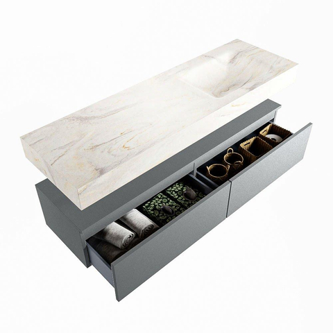Mondiaz ALAN-DLUX Ensemble de meuble - 150cm - meuble - Plata mat - 2 tiroirs - Lavabo Cloud Ostra suspendu - vasque droite - 1 trou de robinet - Beige SW807879