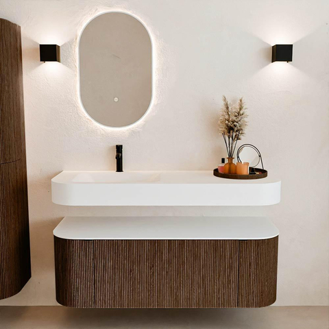 MONDIAZ THOR 130cm meuble de salle de bains arrondi gauche + droite couleur Walnut avec 1 tiroir et 2 portes. Vasque suspendue CLOUD gauche 1 trou de robinet couleur Talc. SW1463574