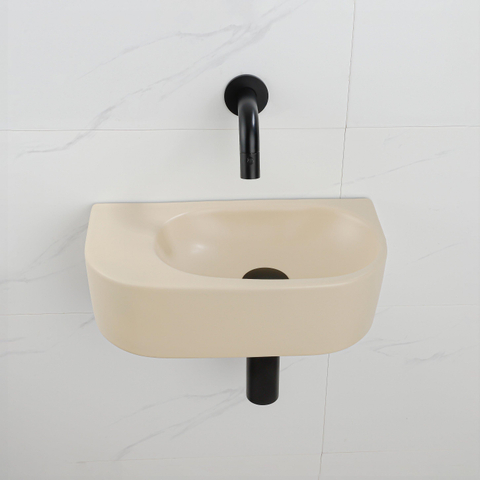 QeramiQ Fuente fonteinset – halfrond – 40x21.5x12 cm – keramiek beige – zonder kraangat – mat zwarte kraan SW1233085