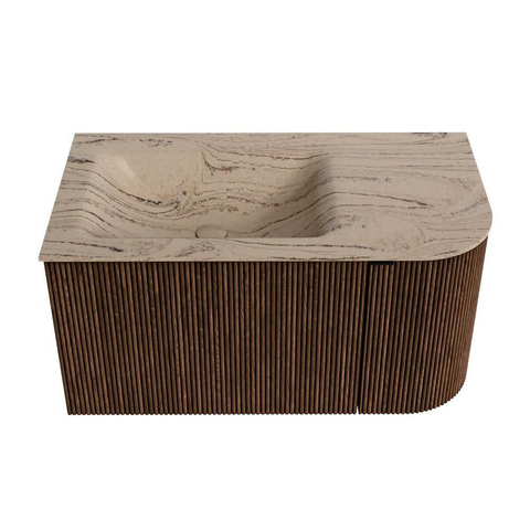 MONDIAZ KURVE-DLUX 85cm badmeubel ronding Rechts kleur Walnut met 1 lade en 1 deur. Wastafel CLOUD Links zonder kraangat Arena. SW1431201