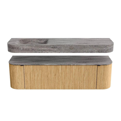 MONDIAZ THOR-DLUX 160cm meuble de salle de bains arrondi gauche + droite couleur Oak avec 1 tiroir et 2 portes. Vasque suspendue CLOUD Gauche sans trou de robinet couleur Oza. SW1465304