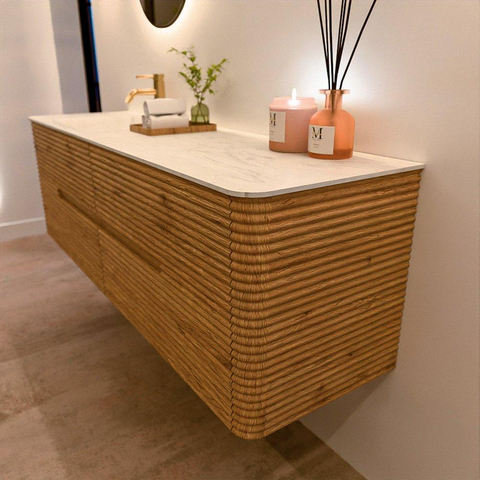 Mondiaz CIRO-DLUX Ensemble de meubles de salle de bains - 160x45x50cm - Plan vasque solid surface Opalo - 1 vasque à gauche - 1 trou de robinet - 4 tiroirs - Chêne SW1531038