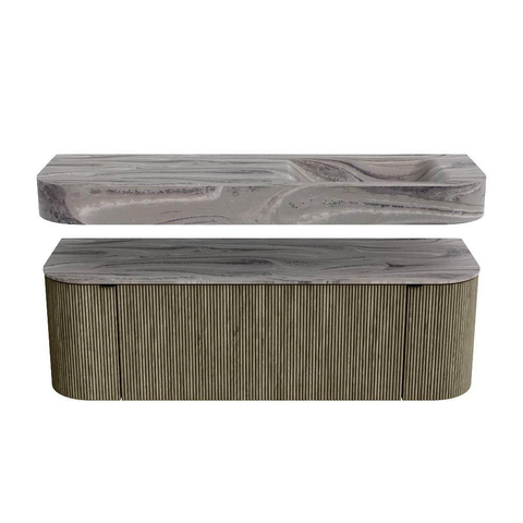 MONDIAZ THOR-DLUX 140cm meuble de salle de bains arrondi gauche + droite couleur Shadow avec 1 tiroir et 2 portes. Vasque suspendue CLOUD Droite 1 trou de robinet couleur Sombra. SW1464259