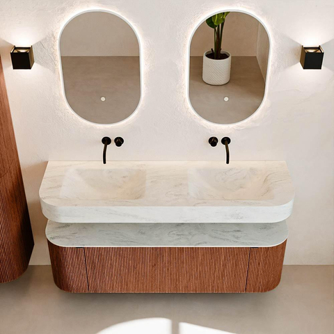 MONDIAZ THOR-DLUX 150cm badmeubel ronding links + rechts kleur Ruby met 1 lade en 2 deuren. Vrijhangende wastafel CLOUD Dubbel zonder kraangat kleur Opalo. SW1464576