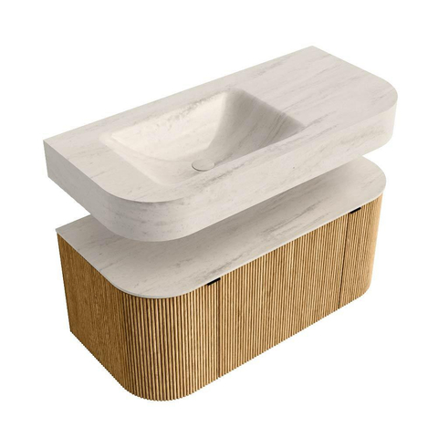 MONDIAZ THOR-DLUX Meuble de salle de bains - 100cm - arrondi gauche + droite - couleur Oak - 1 tiroir - 2 portes - Vasque suspendue CLOUD Gauche sans trou de robinet - couleur Meli SW1467469