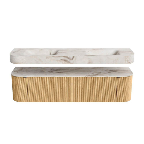 MONDIAZ THOR-DLUX 180cm badmeubel ronding links + rechts kleur Oak met 2 lades en 2 deuren. Vrijhangende wastafel CLOUD Dubbel 2 kraangaten kleur Frappe. SW1465880