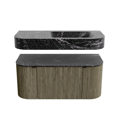 MONDIAZ THOR-DLUX 100cm meuble de salle de bains arrondi gauche + droite couleur Shadow avec 1 tiroir et 2 portes. Vasque suspendue CLOUD Droite 1 trou de robinet couleur Lava. SW1467584