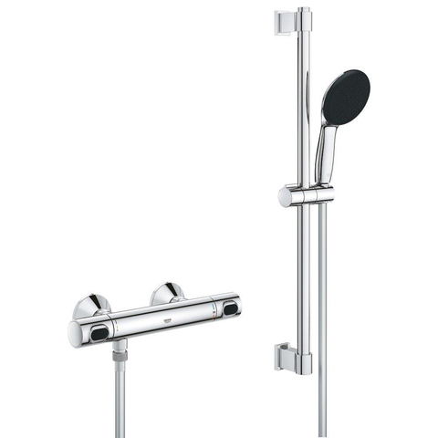 GROHE Precision Flow Ensemble de douche - robinet de douche thermostatique - avec ensemble barre de douche - 60cm - douchette à main ronde - 1 jet - flexible de douche lisse - chromé SW1028113