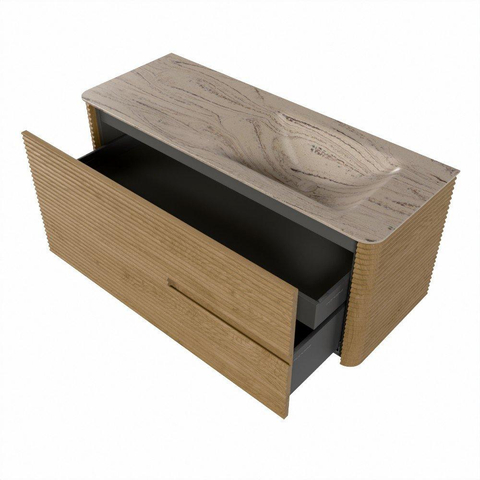 Mondiaz CIRO-DLUX Badkamermeubelset - 120x45x50cm - Solid surface wastafel Arena - 1 wasbak Rechts - zonder kraangaten - 2 lades - Oak SW1531433