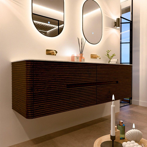 Mondiaz CIRO-DLUX Badkamermeubelset - 170x45x50cm - Solid surface wastafel Opalo - 2 wasbak Dubbel - zonder kraangaten - 4 lades - Walnut SW1530331