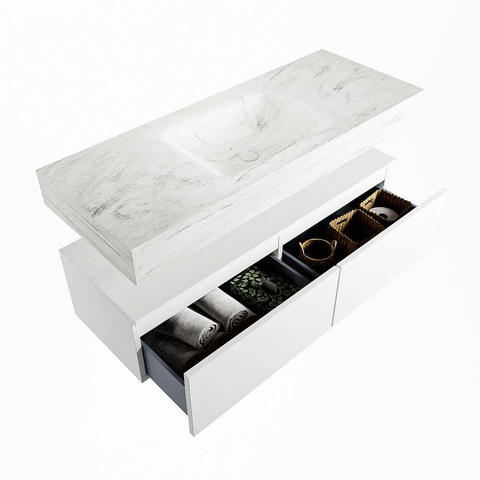 Mondiaz ALAN-DLUX Ensemble de meuble - 120cm - meuble Talc mat - 2 tiroirs - Lavabo Cloud Opalo suspendu - vasque Centre - 0 trous de robinet SW806337