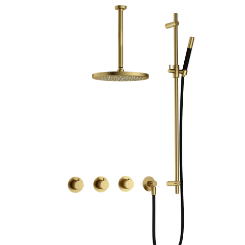Hotbath Cobber IBS70 Regendoucheset - inbouw - 30cm plafondarm - 30cm ronde hoofddouche - staafhanddouche - glijstang - PVD - geborsteld messing (goud) SW677688