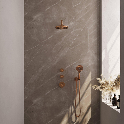 Brauer Copper Edition Ensemble de douche pluie encastré - douche principale 20 cm - bras mural - avec partie encastrable - boutons lisses - douchette ronde 1 fonction - PVD - cuivre brossé SW538386