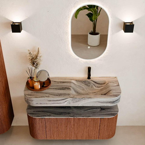 MONDIAZ THOR-DLUX 120cm meuble de salle de bains arrondi gauche + droite couleur Ruby avec 1 tiroir et 2 portes. Vasque suspendue CLOUD Droite 1 trou de robinet couleur Sombra. SW1463655