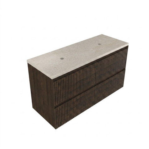 Saniclass Holz Atelier Ensemble meuble de salle de bains - 120x45x63cm - Plateau en pierre naturelle travertin - sans trou de robinet - 2 tiroirs - chêne charcoal mat (bois) SW1478871