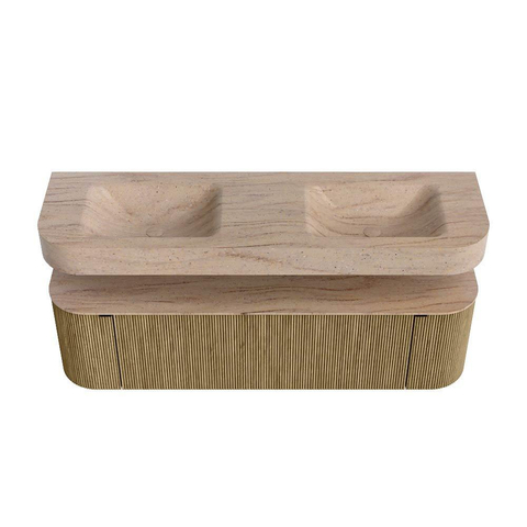 MONDIAZ THOR-DLUX 160cm meuble de salle de bains arrondi gauche + droite couleur Dusk avec 1 tiroir et 2 portes. Vasque suspendue CLOUD Double sans trou de robinet couleur Saba. SW1465338