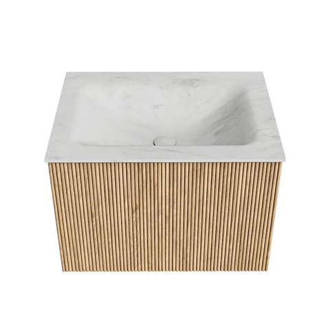 MONDIAZ KURVE-DLUX 60cm badmeubel kleur Oak met 1 lade. Wastafel CLOUD midden 1 kraangat kleur Opalo. SW1137516
