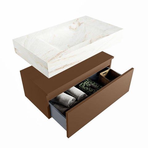 Mondiaz ALAN-DLUX Ensemble de meuble - 80cm - meuble Rust mat - 1 tiroir - Lavabo Cloud Frappe suspendu - vasque Centre - 1 trou de robinet SW804936