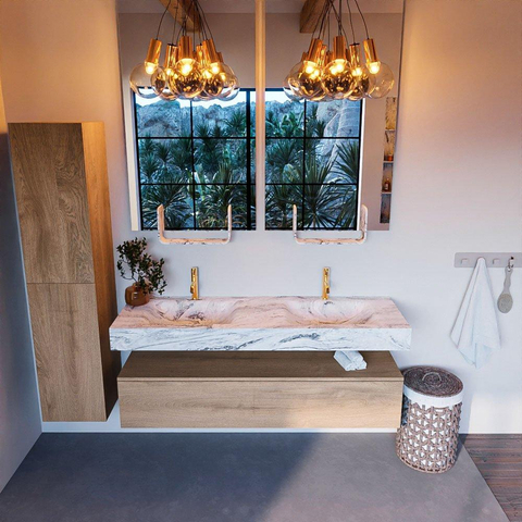Mondiaz ALAN-DLUX Ensemble de meuble - 150cm - meuble Washed Oak mat - 1 tiroir - Lavabo Cloud Glace suspendu - vasque Gauche et droite - 2 trous de robinet SW808704