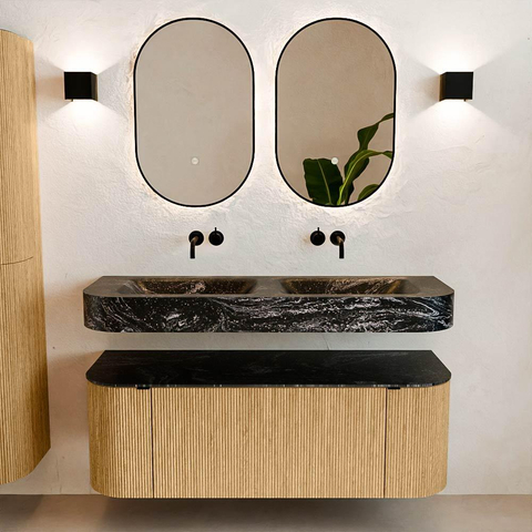 MONDIAZ THOR-DLUX 130cm badmeubel ronding links + rechts kleur Oak met 1 lade en 2 deuren. Vrijhangende wastafel CLOUD Dubbel zonder kraangat kleur Lava. SW1463544