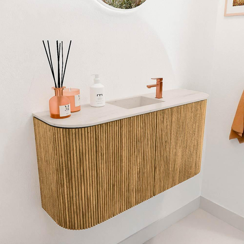 Mondiaz JOYA-DLUX 83.2cm meuble de toilette - arrondi gauche et droite couleur Chêne - Vasque FAYE position Milieu 1 trou de robinet couleur Meli. SW1423976