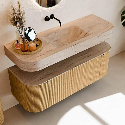 MONDIAZ THOR-DLUX Meuble de salle de bains 130cm arrondi gauche + droite couleur Oak avec 1 tiroir et 2 portes. Vasque suspendue CLOUD Milieu sans trou de robinet couleur Saba. SW1464005