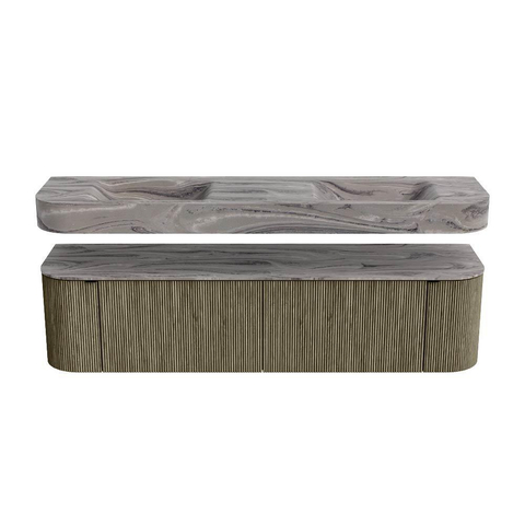 MONDIAZ THOR-DLUX 180cm meuble de salle de bains arrondi gauche + droite couleur Shadow avec 2 tiroirs et 2 portes. Vasque suspendue CLOUD Double 2 trous de robinet couleur Sombra. SW1466354